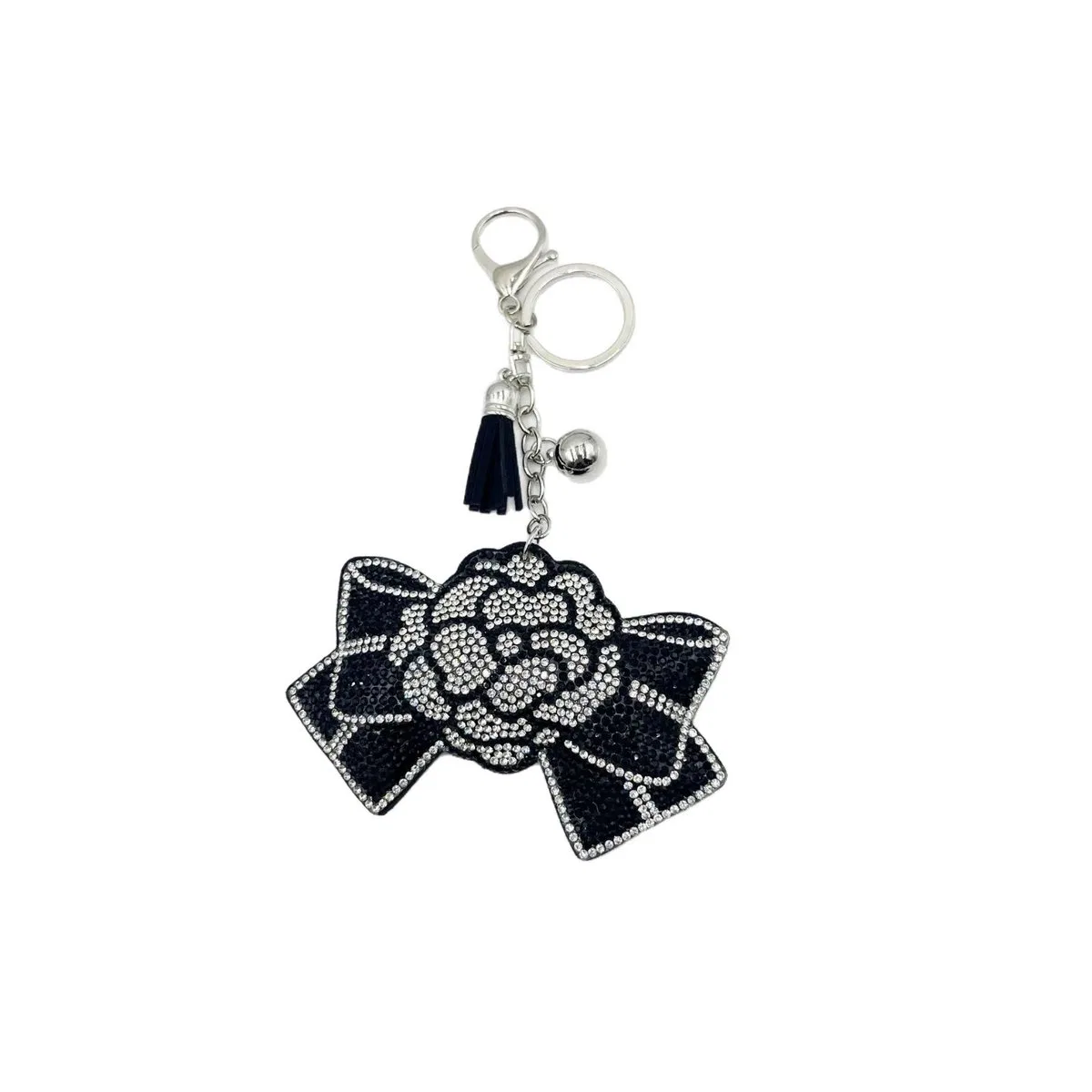 Black rose rhinestone bow keychain with suede construction