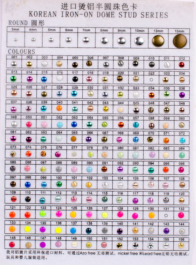Dome stud color chart sample sheet showing round domed studs and finish options