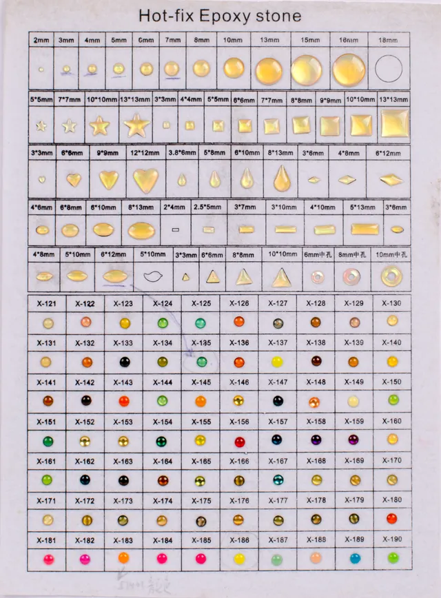 Hotfix epoxy stones sample sheet showing shape options and color references