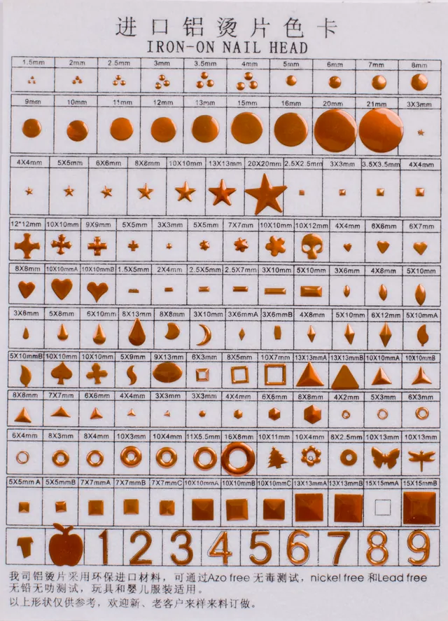 Nailhead shapes & sizes sample sheet showing geometric, novelty and number shapes