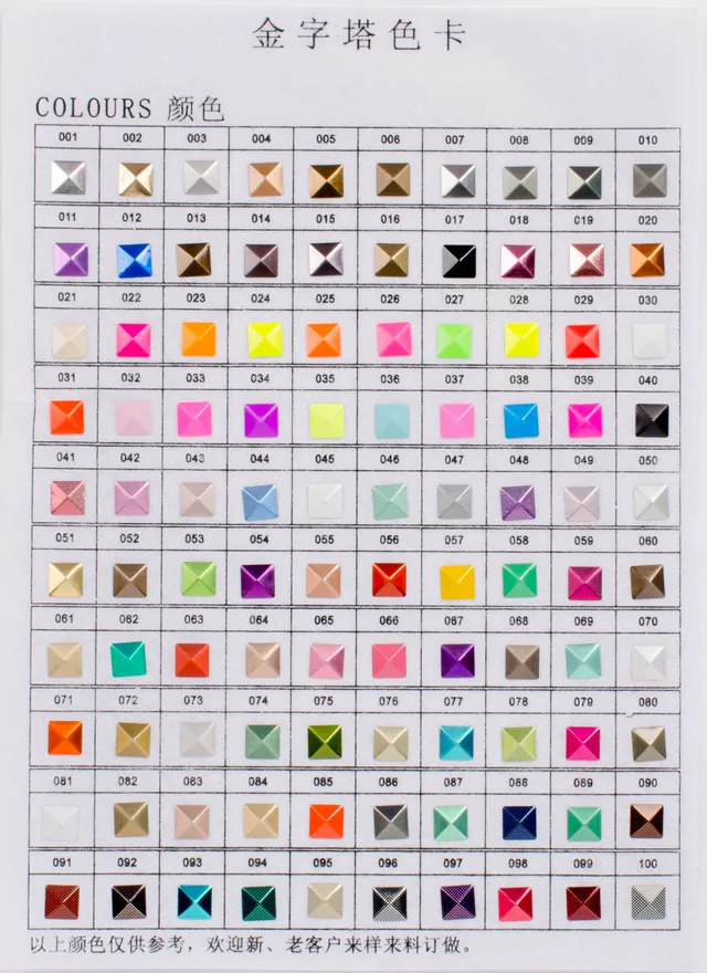 Pyramid stud color chart sample sheet showing metallic, bright and patterned finishes
