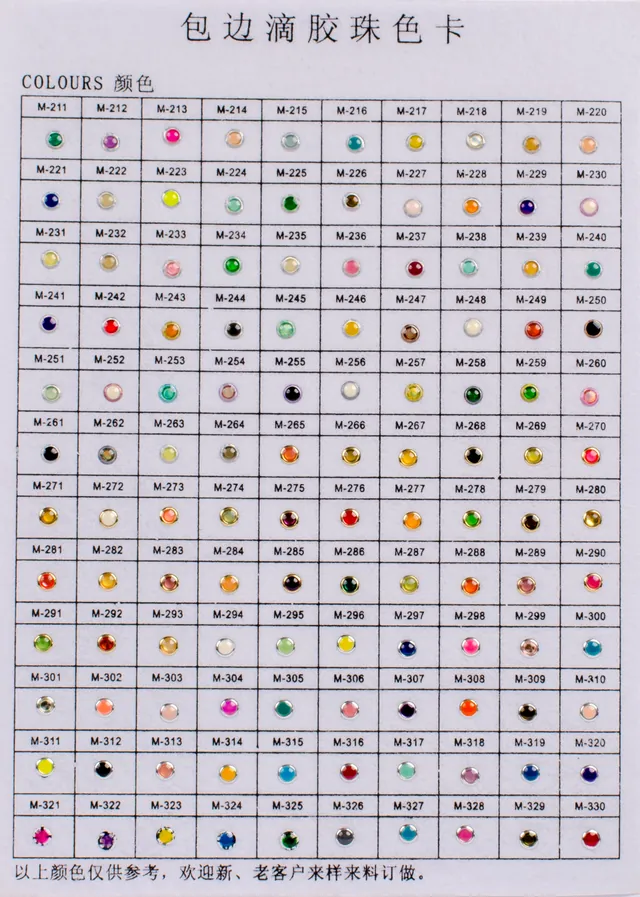 Rimmed stone colors sample sheet showing color codes for rimmed embellishments