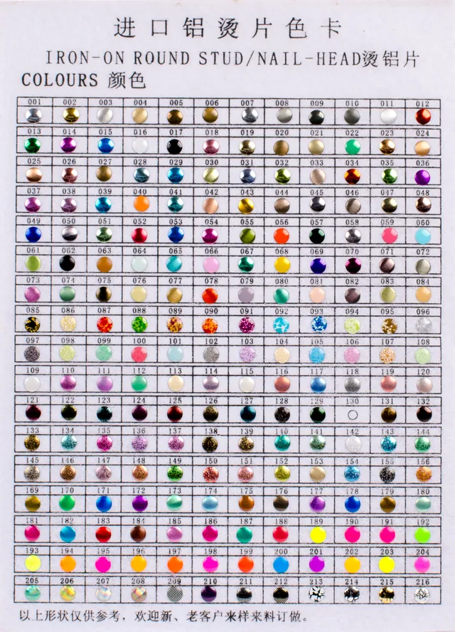 Round nailhead colors sample sheet showing a reference for round stud finishes