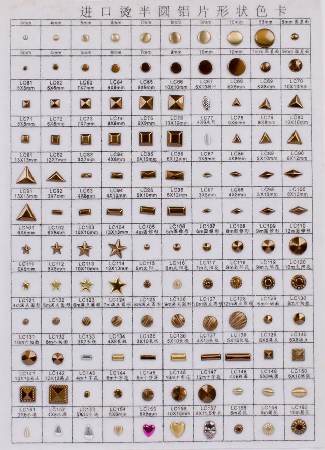 Shaped stud finishes sample sheet showing stars, triangles, squares and domes