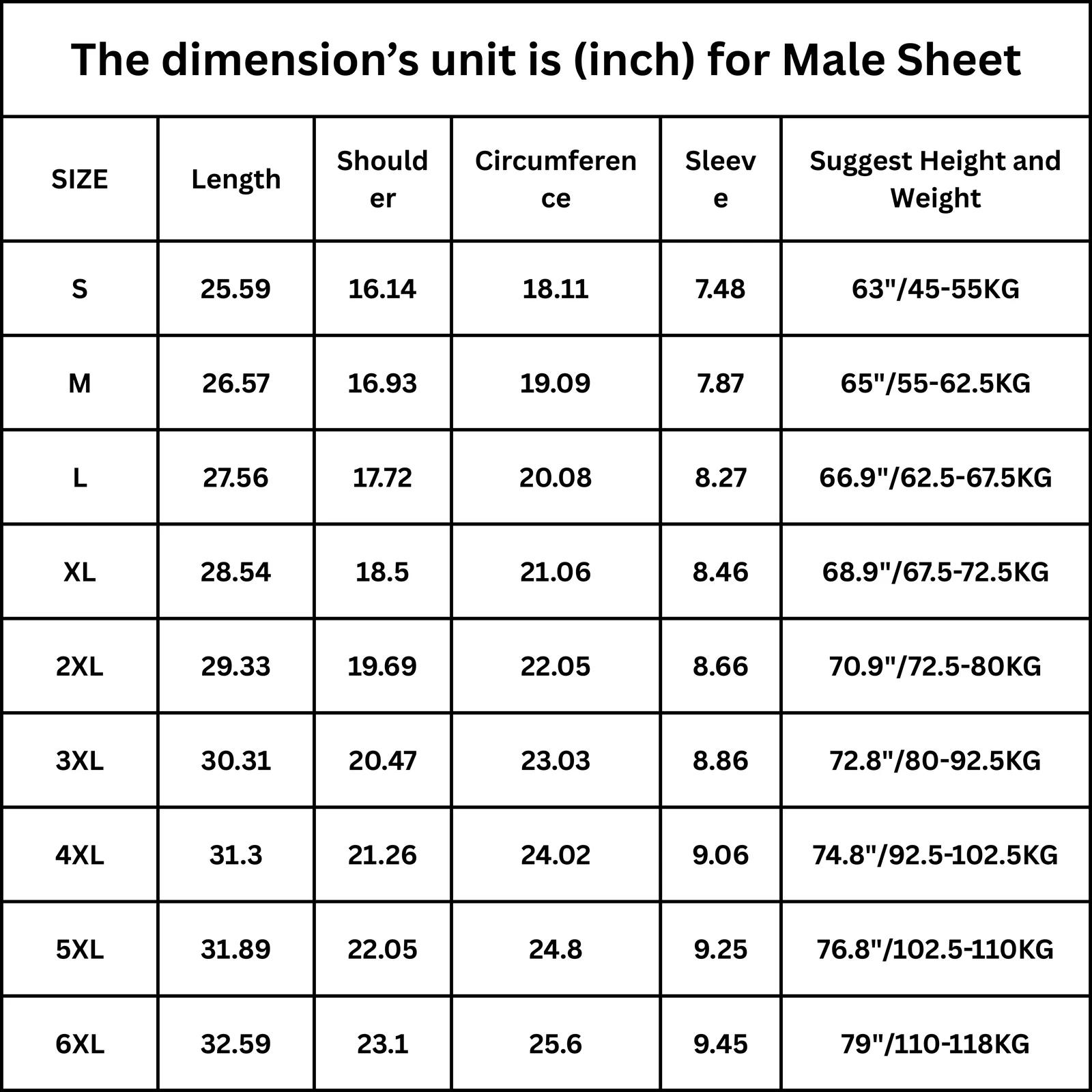 Male Size Chart
