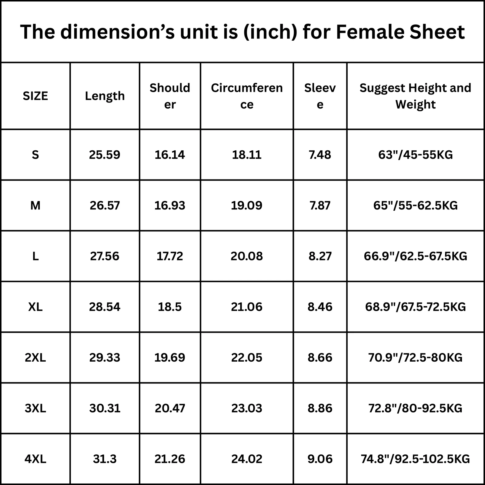 Female Size Chart
