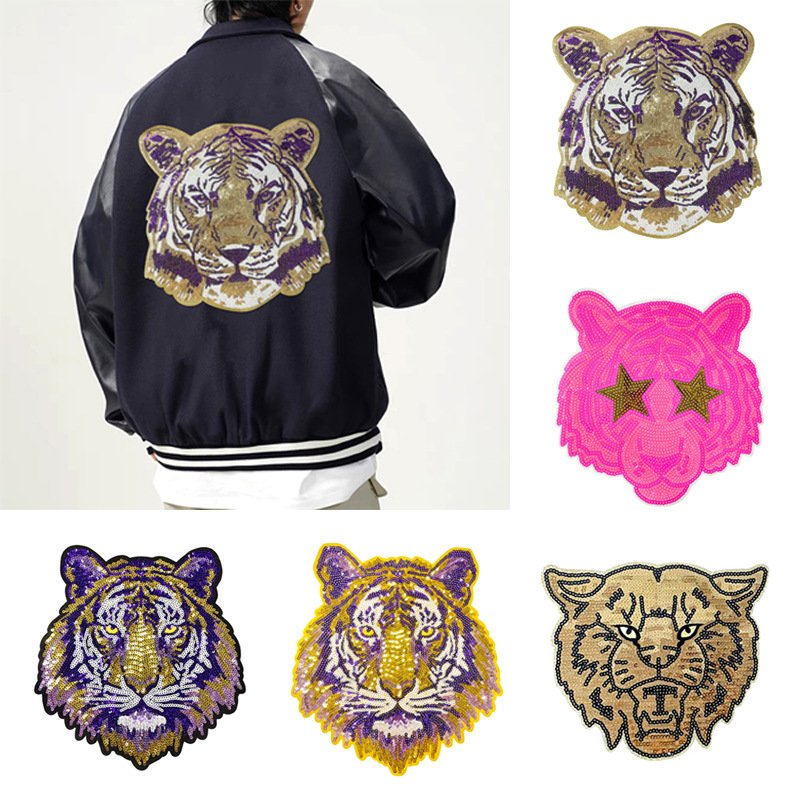 In-stock hot-selling embroidered cartoon sequin tiger head iron-on patch, garment accessory large applique