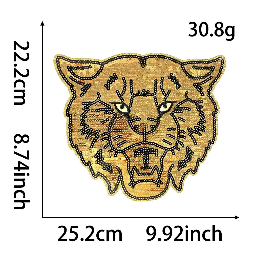 In-stock hot-selling embroidered cartoon sequin tiger head iron-on patch, garment accessory large applique