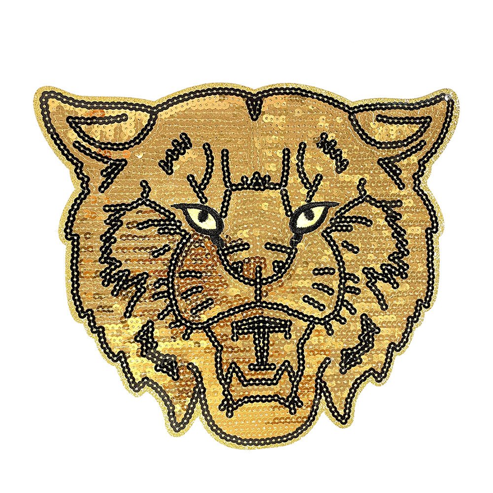 In-stock hot-selling embroidered cartoon sequin tiger head iron-on patch, garment accessory large applique