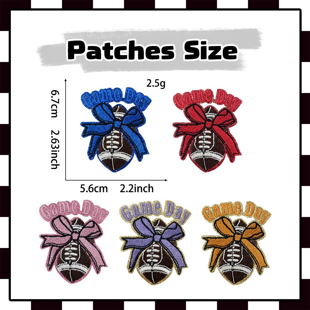 hot-selling bowknot & football element glitter embroidered patch, DIY Bee shape iron-on applique badge 