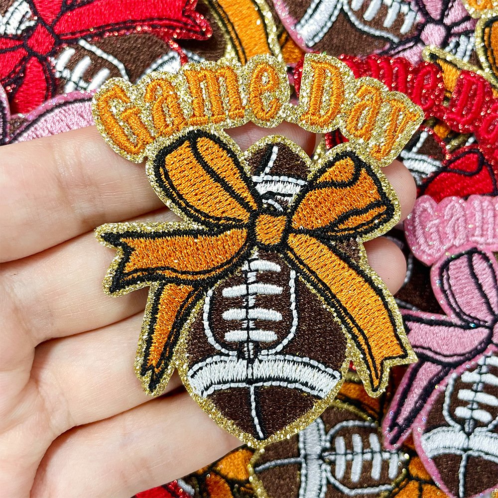hot-selling bowknot & football element glitter embroidered patch, DIY Bee shape iron-on applique badge 