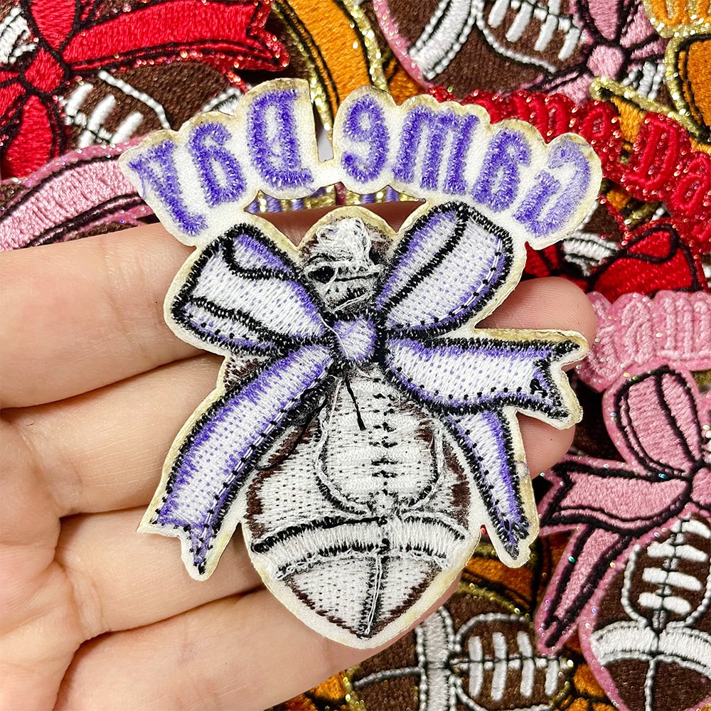 hot-selling bowknot & football element glitter embroidered patch, DIY Bee shape iron-on applique badge 