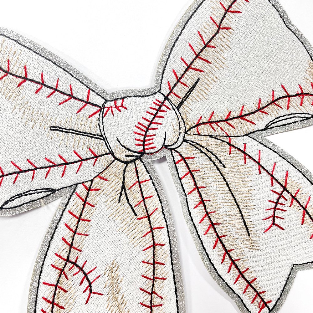 Glitter Vintage Silver Leather Bowknot Baseball Embroidered Iron-on Patch DIY Large Applique patch