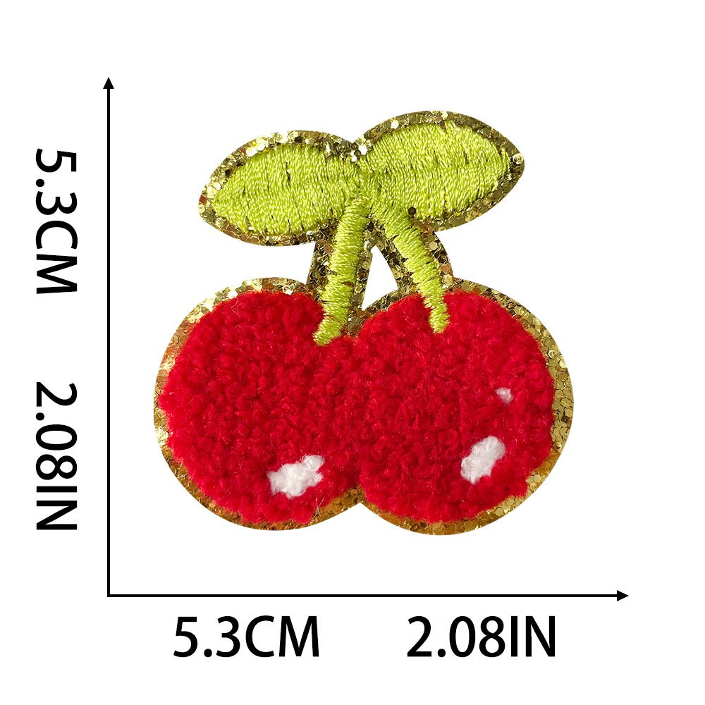 In-stock hot-selling DIY gold-rimmed chenille cherry patches with adhesive backing for planners, bags, and apparel