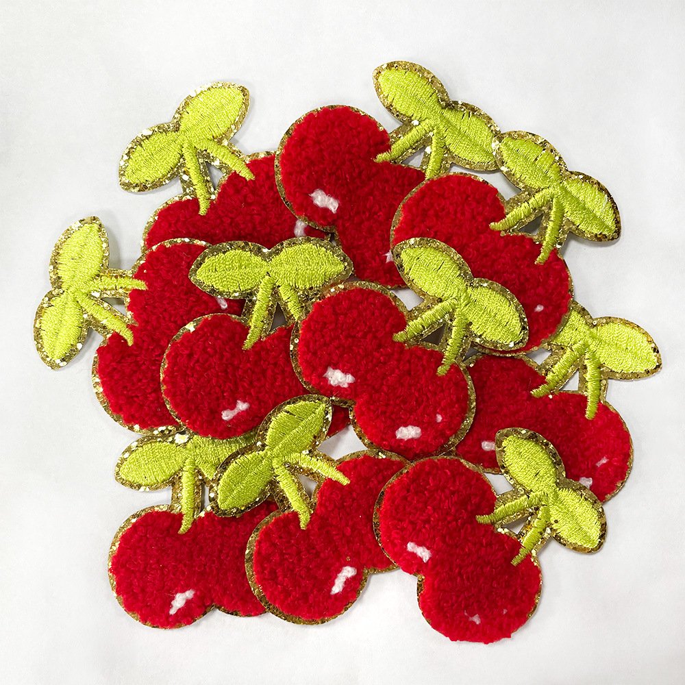 In-stock hot-selling DIY gold-rimmed chenille cherry patches with adhesive backing for planners, bags, and apparel - Custom Heat Transfer