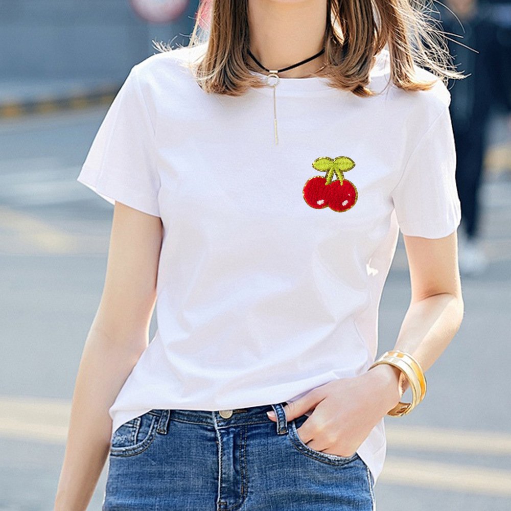 In-stock hot-selling DIY gold-rimmed chenille cherry patches with adhesive backing for planners, bags, and apparel