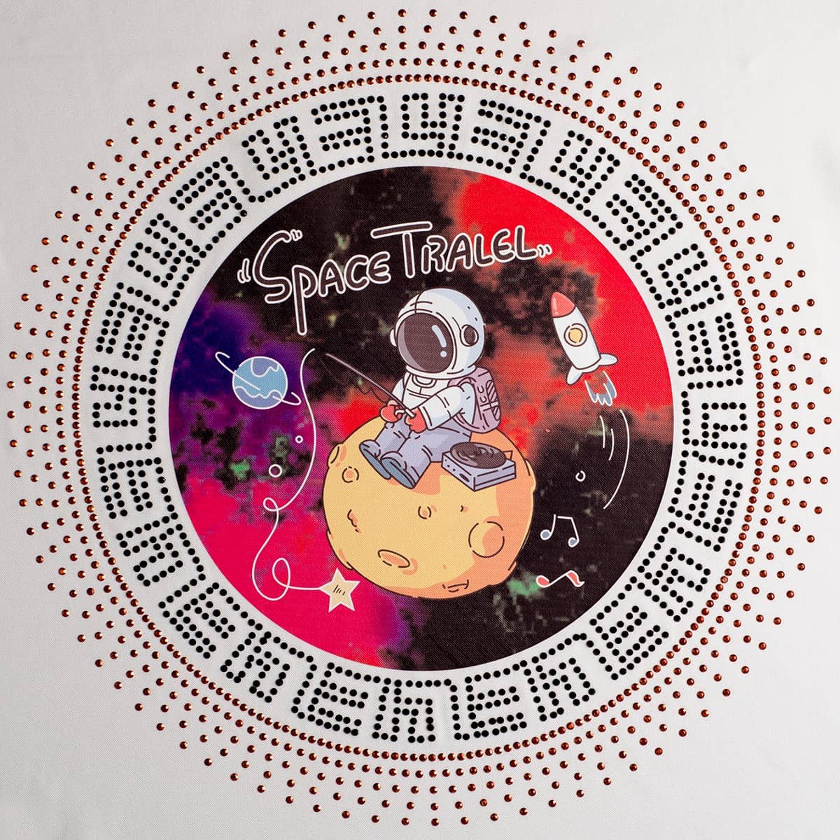 hotfix rhinestone transfer and printed hotfix transfer, combined with a simulated Austrian rhinestone and a printed spaceman pattern, with adhesive rhinestone transfers