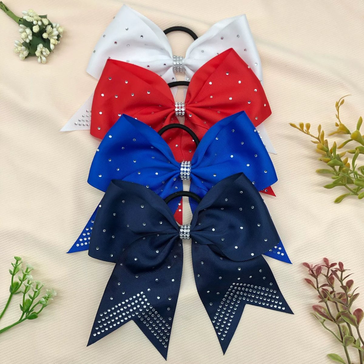 Handmade Kids Big Bow Rhinestone Cheer Hair Clip – Large Ribbon Bow Ponytail Holder Headwear
