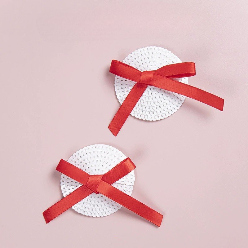 Valentine’s Red Sequin Ribbon Nipple Pasties – PVC PU Leather Invisible brest Stickers
