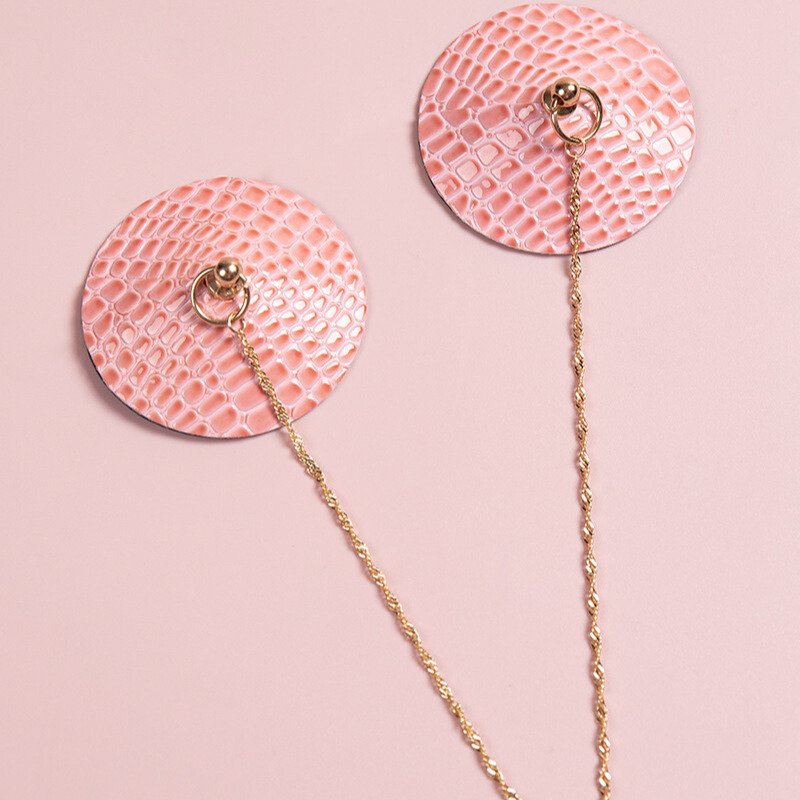 Plaid Round Nipple Pasties with PU Leather & Alloy Chain – Invisible Adhesive Breast Covers