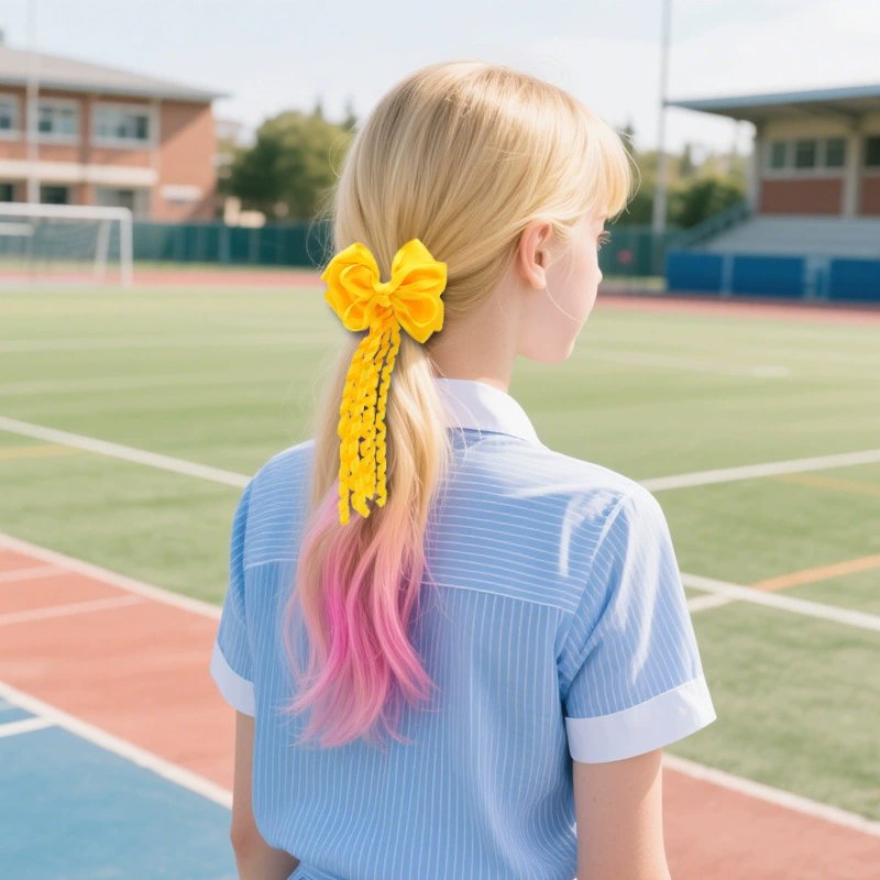 Cheerleading Stage Hair Accessories – Long Ribbon Bow Elastic Hair Tie with Tassel Tail