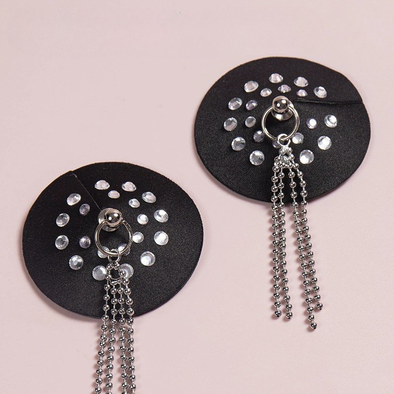 PU Leather Rhinestone Tassel Nipple Covers – Sexy Invisible Pasties with Metal Chain Design