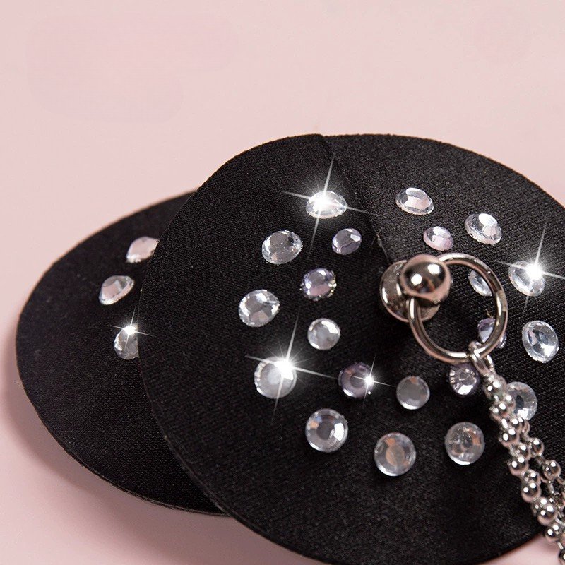 PU Leather Rhinestone Tassel Nipple Covers – Sexy Invisible Pasties with Metal Chain Design