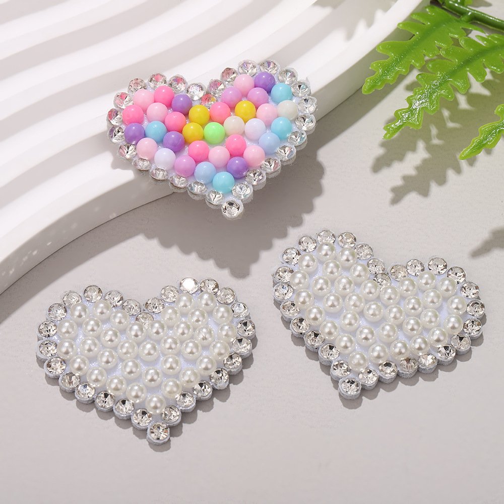 Korean Full Rhinestone Pearl Heart Patch – DIY Non-Woven Iron-On Appliqué for Clothing, Bags & Accessories