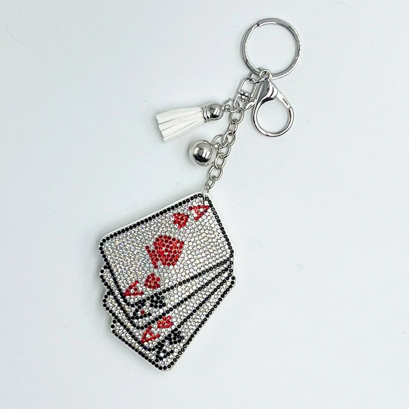 Sparkling Playing Card Rhinestone Keychain with Tassel — Fashion Bag & Car Charm