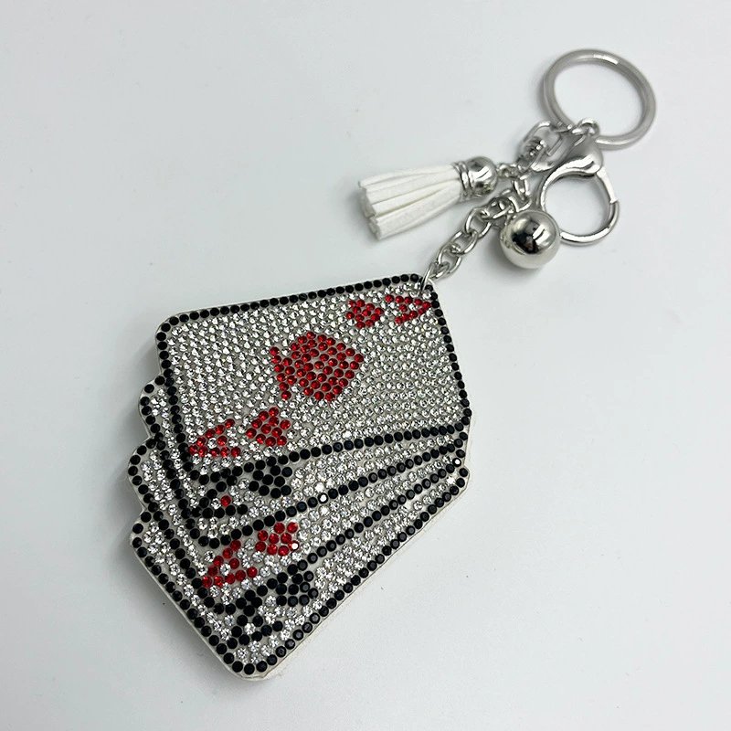 Sparkling Playing Card Rhinestone Keychain with Tassel — Fashion Bag & Car Charm