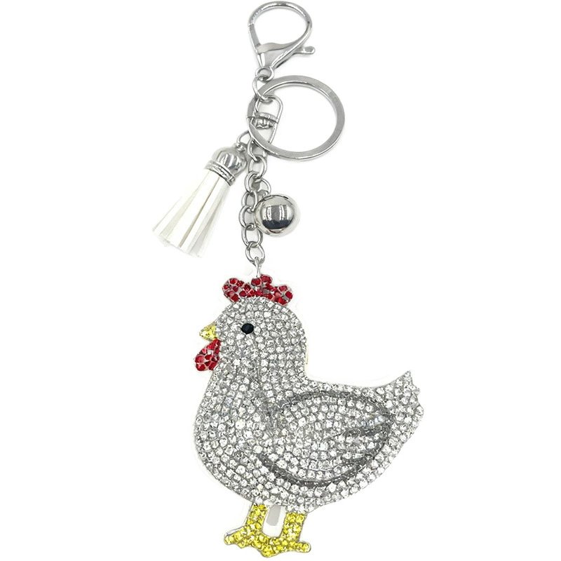 Cute Rhinestone Rooster Keychain with Tassel — Cartoon Crystal Bag & Key Charm