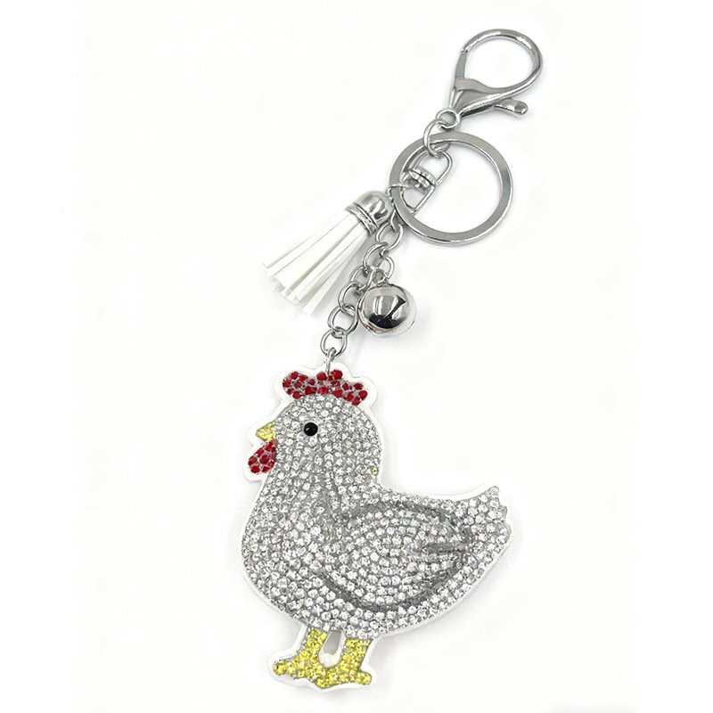 Cute Rhinestone Rooster Keychain with Tassel — Cartoon Crystal Bag & Key Charm