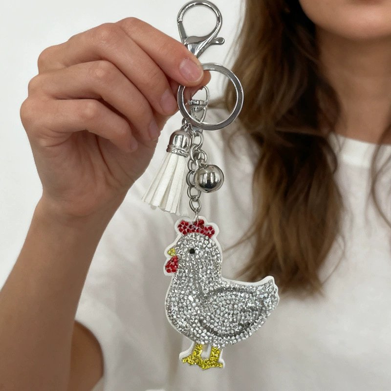 Cute Rhinestone Rooster Keychain with Tassel — Cartoon Crystal Bag & Key Charm
