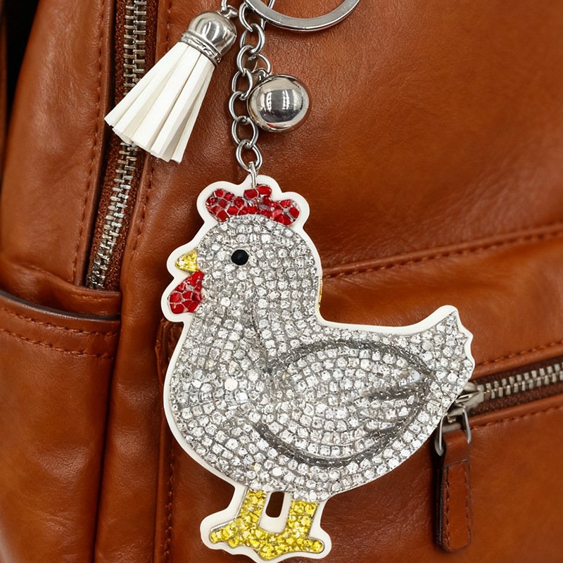 Cute Rhinestone Rooster Keychain with Tassel — Cartoon Crystal Bag & Key Charm