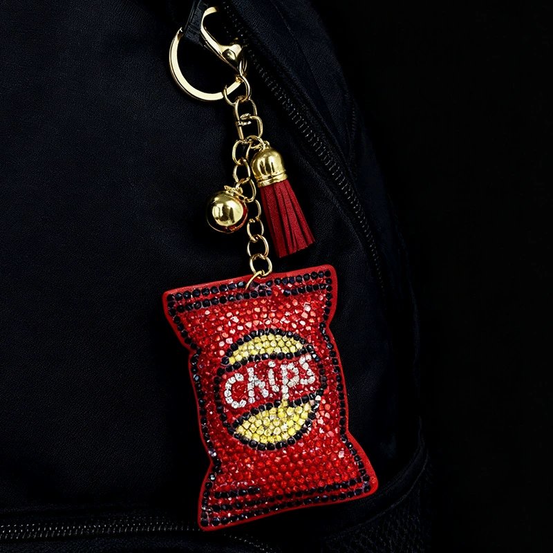 Sparkling Potato Chips Rhinestone Keychain — Fun Tassel Bag Charm for Women