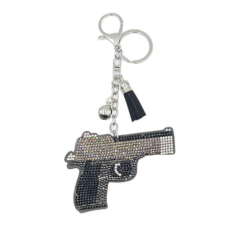 Crystal Pistol Rhinestone Keychain — Edgy Tassel Bag Charm Statement Accessory