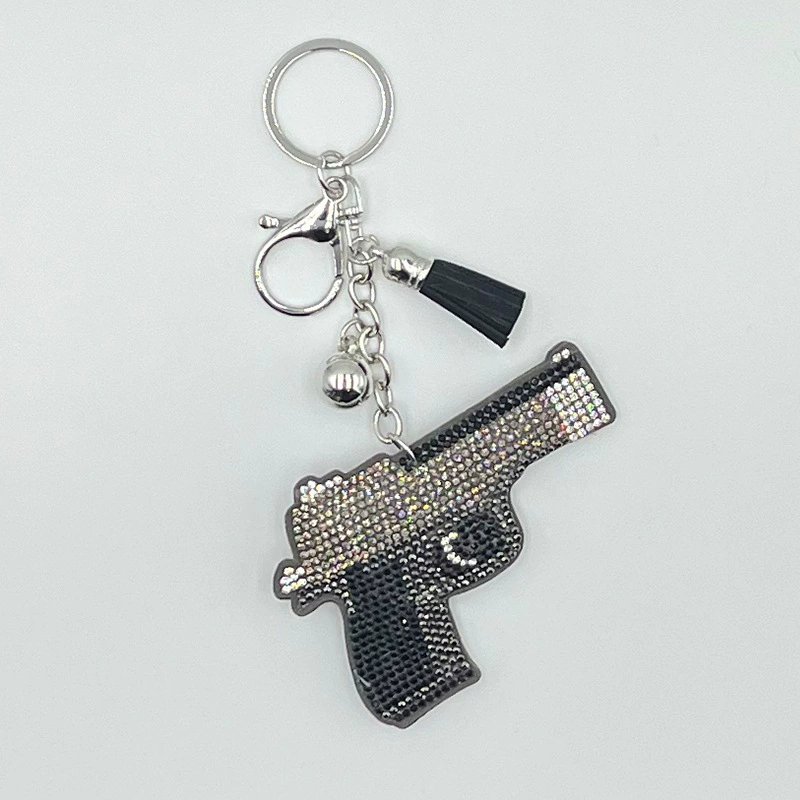 Crystal Pistol Rhinestone Keychain — Edgy Tassel Bag Charm Statement Accessory