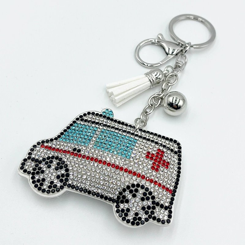 Sparkling Ambulance Rhinestone Keychain — Medical-Themed Tassel Bag Charm