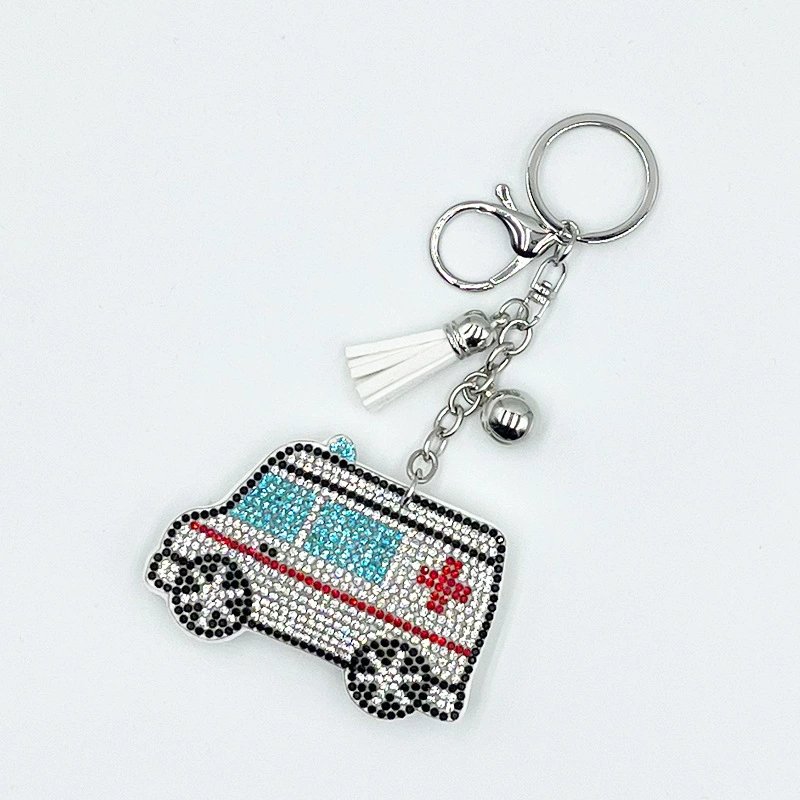 Sparkling Ambulance Rhinestone Keychain — Medical-Themed Tassel Bag Charm