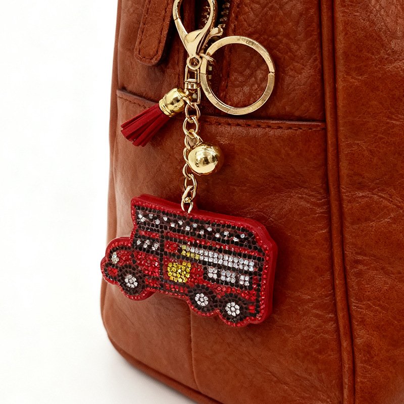Sparkling Fire Truck Rhinestone Keychain — Creative Tassel Bag Charm