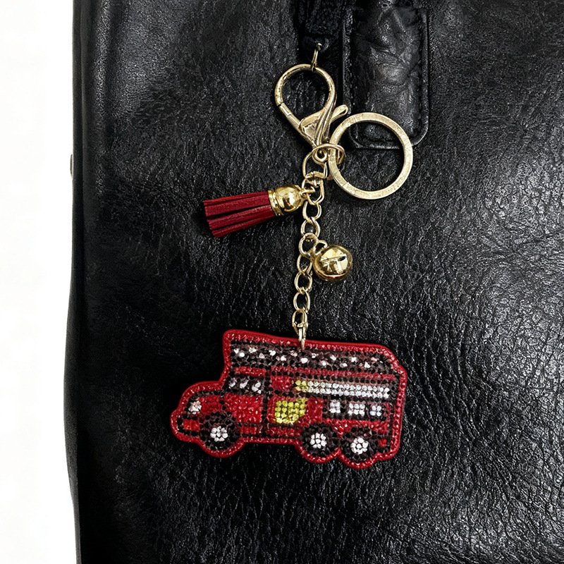 Sparkling Fire Truck Rhinestone Keychain — Creative Tassel Bag Charm