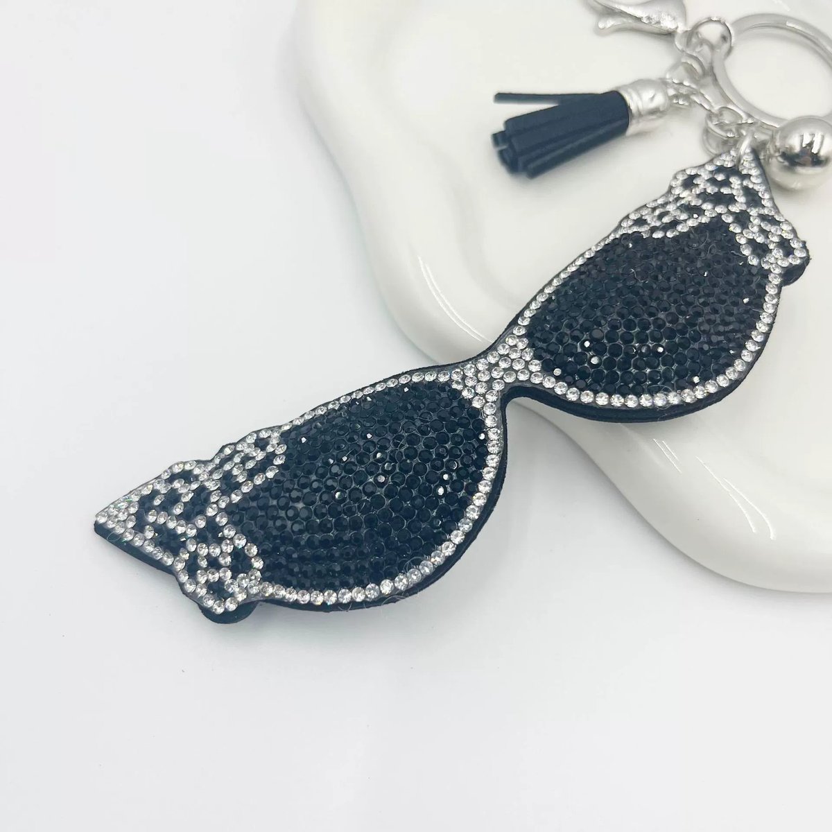 Rhinestone Sunglasses Keychain — Chic Crystal Tassel Bag Charm for Women
