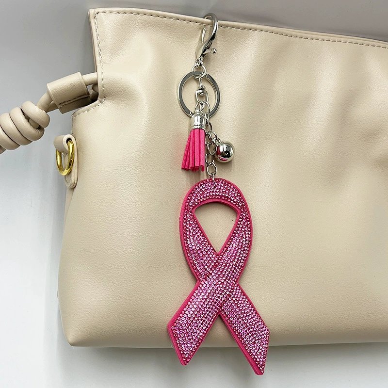 Large Pink Ribbon Rhinestone Keychain — Sparkling Tassel Bag Charm Statement Piece