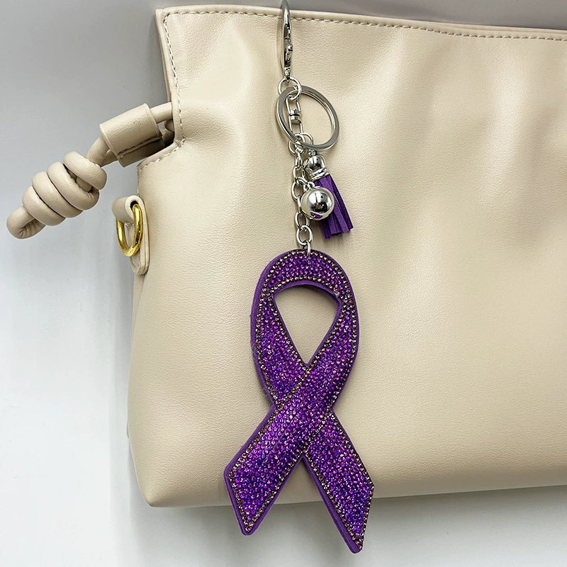 Large Pink Ribbon Rhinestone Keychain — Sparkling Tassel Bag Charm Statement Piece