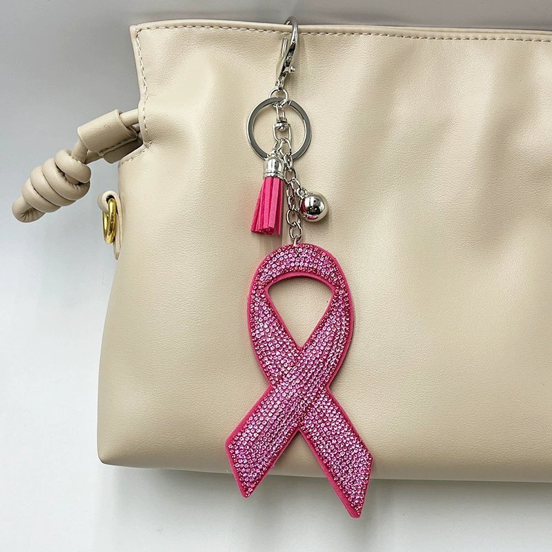 Large Pink Ribbon Rhinestone Keychain — Sparkling Tassel Bag Charm Statement Piece