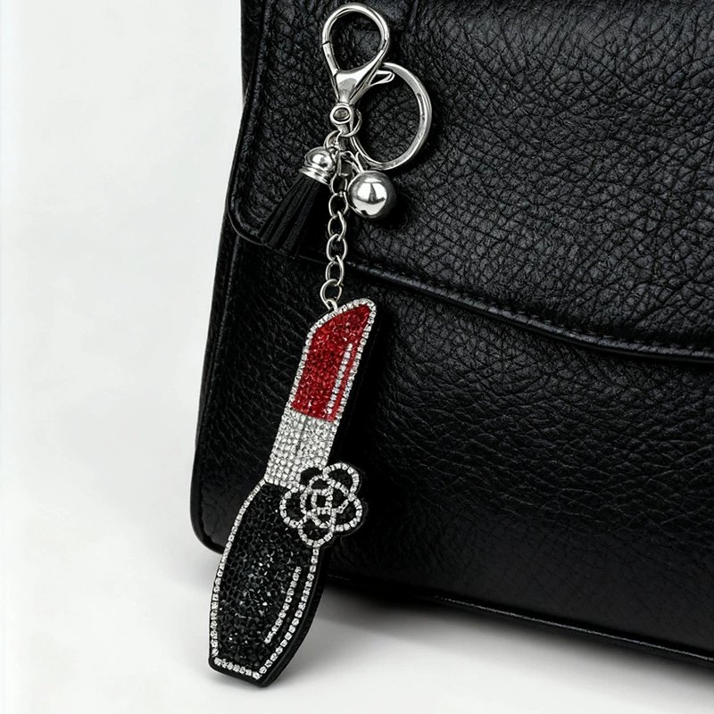 Chic Rhinestone Lipstick Keychain — Designer-Style Tassel Bag Charm