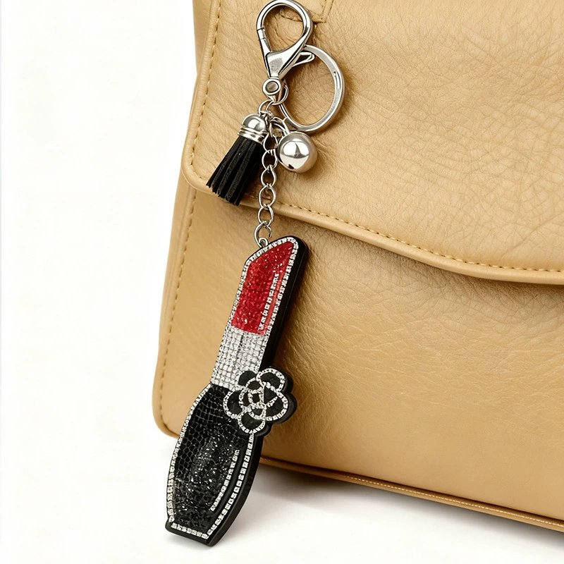 Chic Rhinestone Lipstick Keychain — Designer-Style Tassel Bag Charm