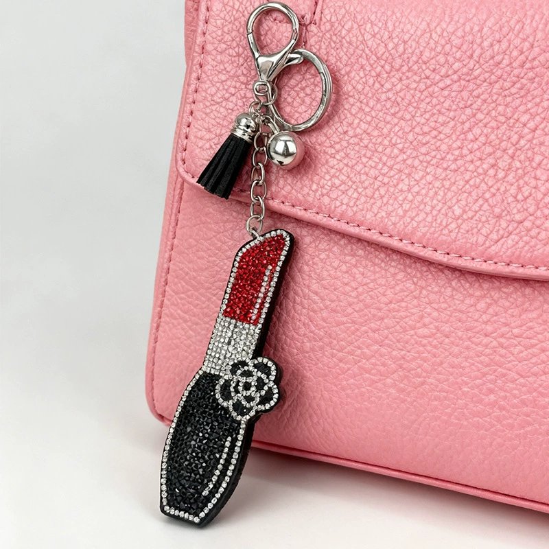 Chic Rhinestone Lipstick Keychain — Designer-Style Tassel Bag Charm
