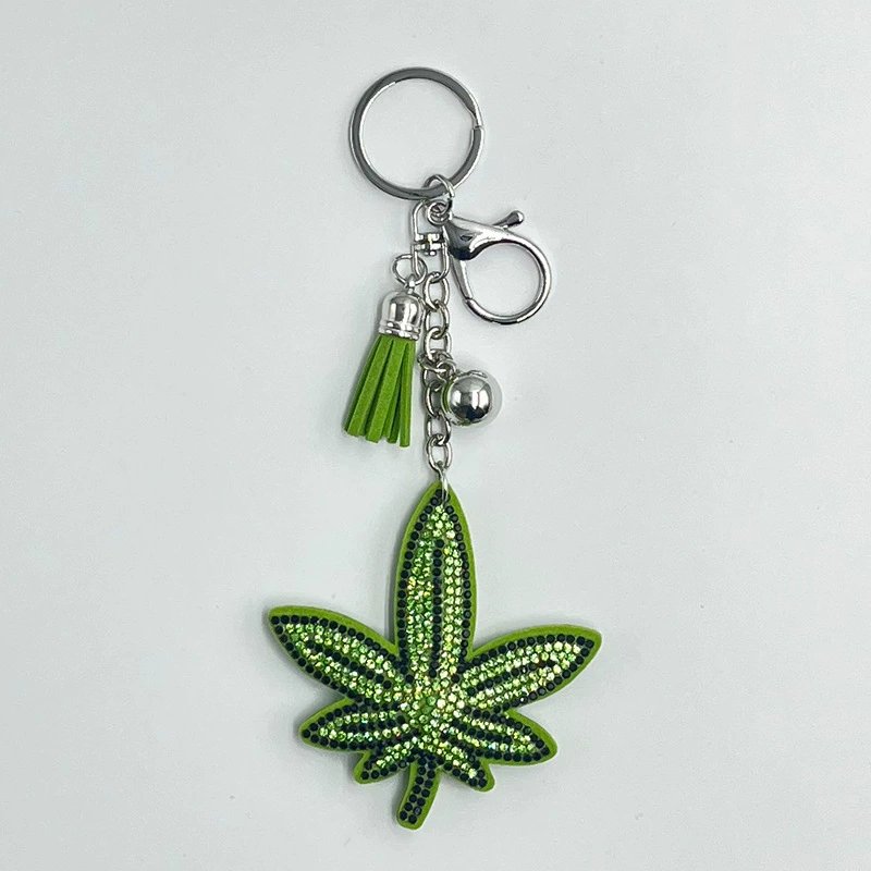 Sparkling Green Leaf Rhinestone Keychain — Trendy Tassel Bag Charm
