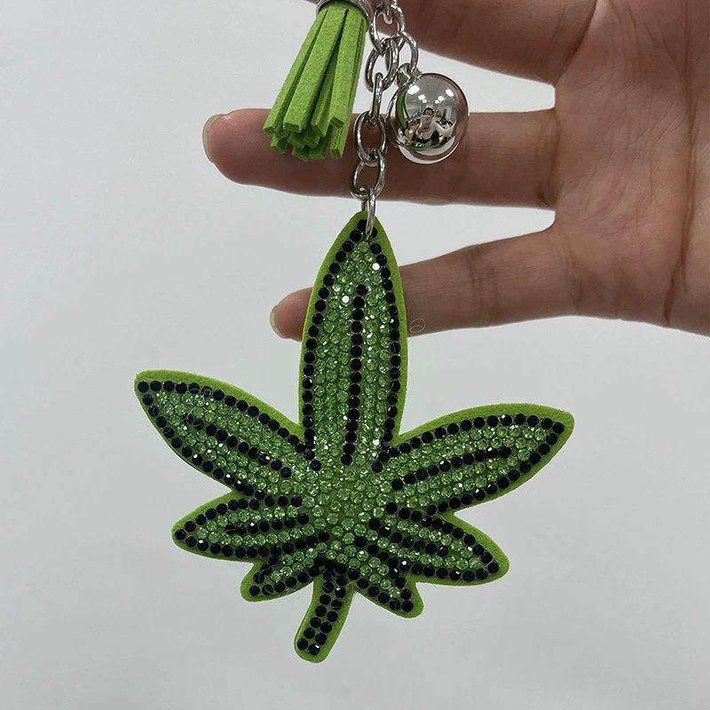 Sparkling Green Leaf Rhinestone Keychain — Trendy Tassel Bag Charm